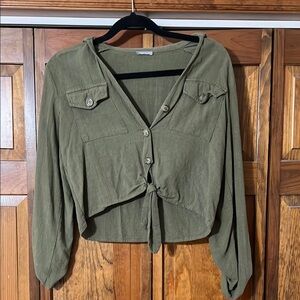 Olive Green Button-Up Cropped Blouse